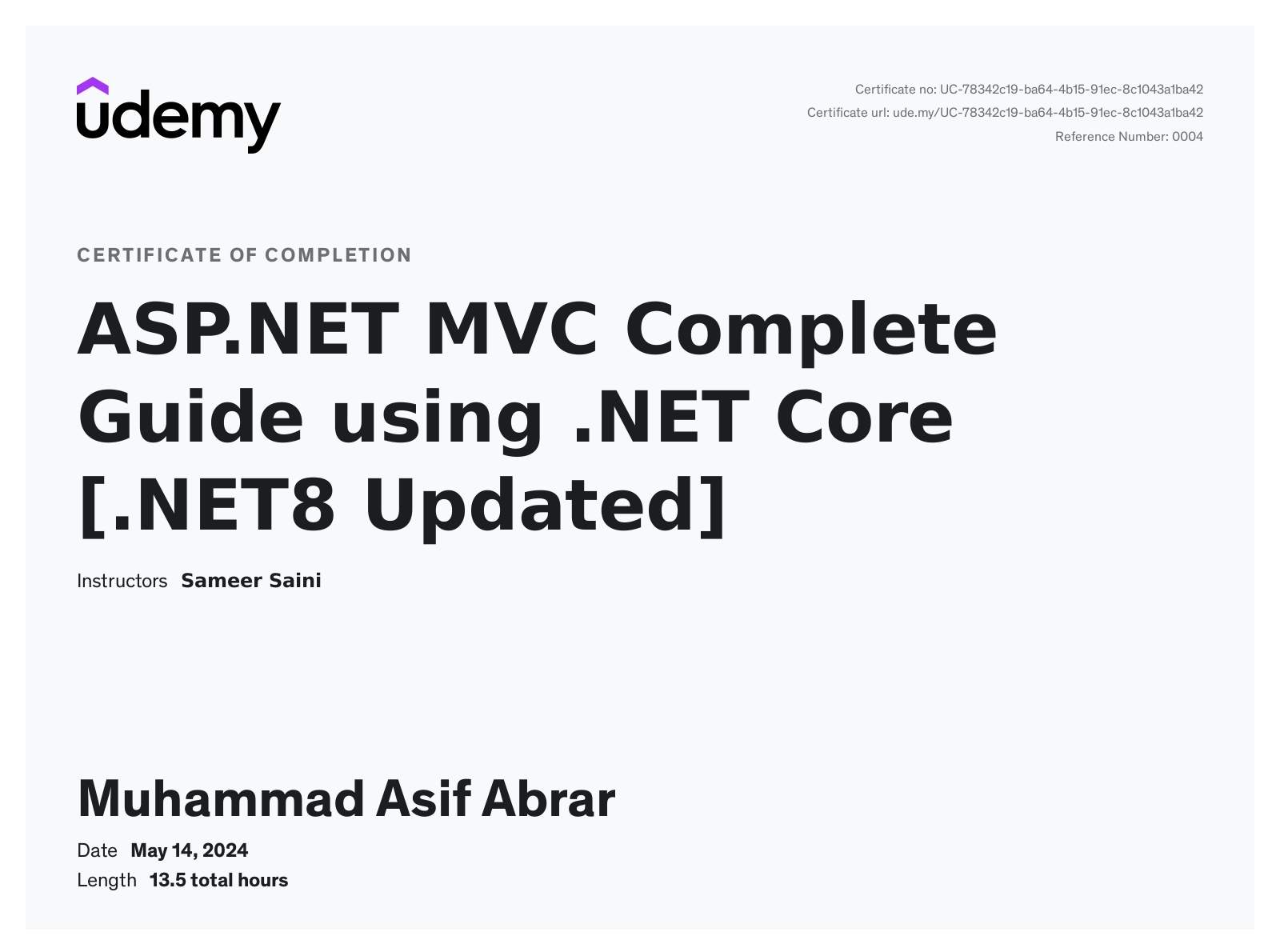 ASP.NET MVC Mastery with EF Core and ASP.NET Core Identity certificate